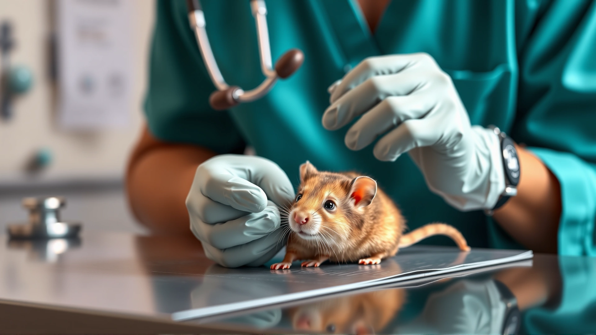Exotic pet veterinarian wearing gloves and gently examining a hamster on a clinic table, stethoscope visible in background