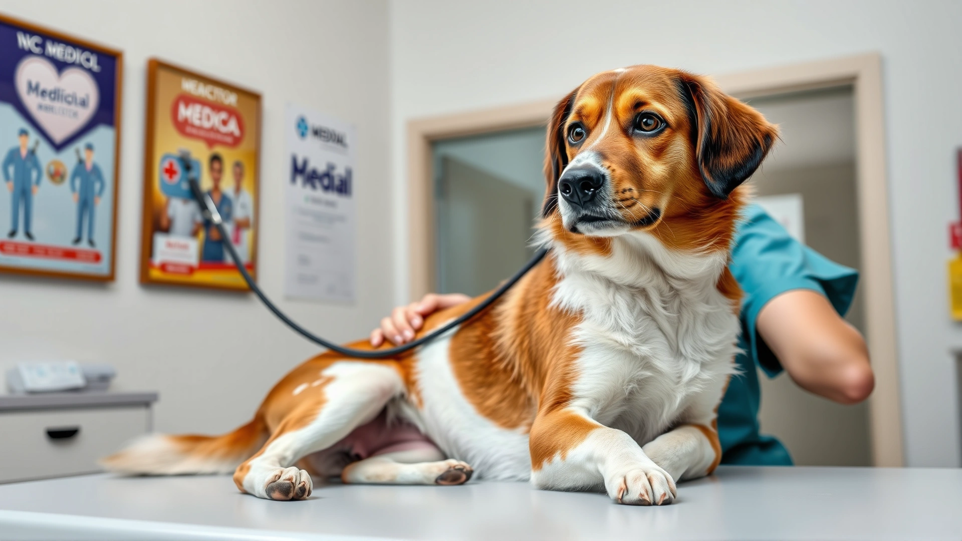 Veterinarian using a stethoscope while examining a mixed-breed dog on an exam table, clinic interior with medical posters blurred in background