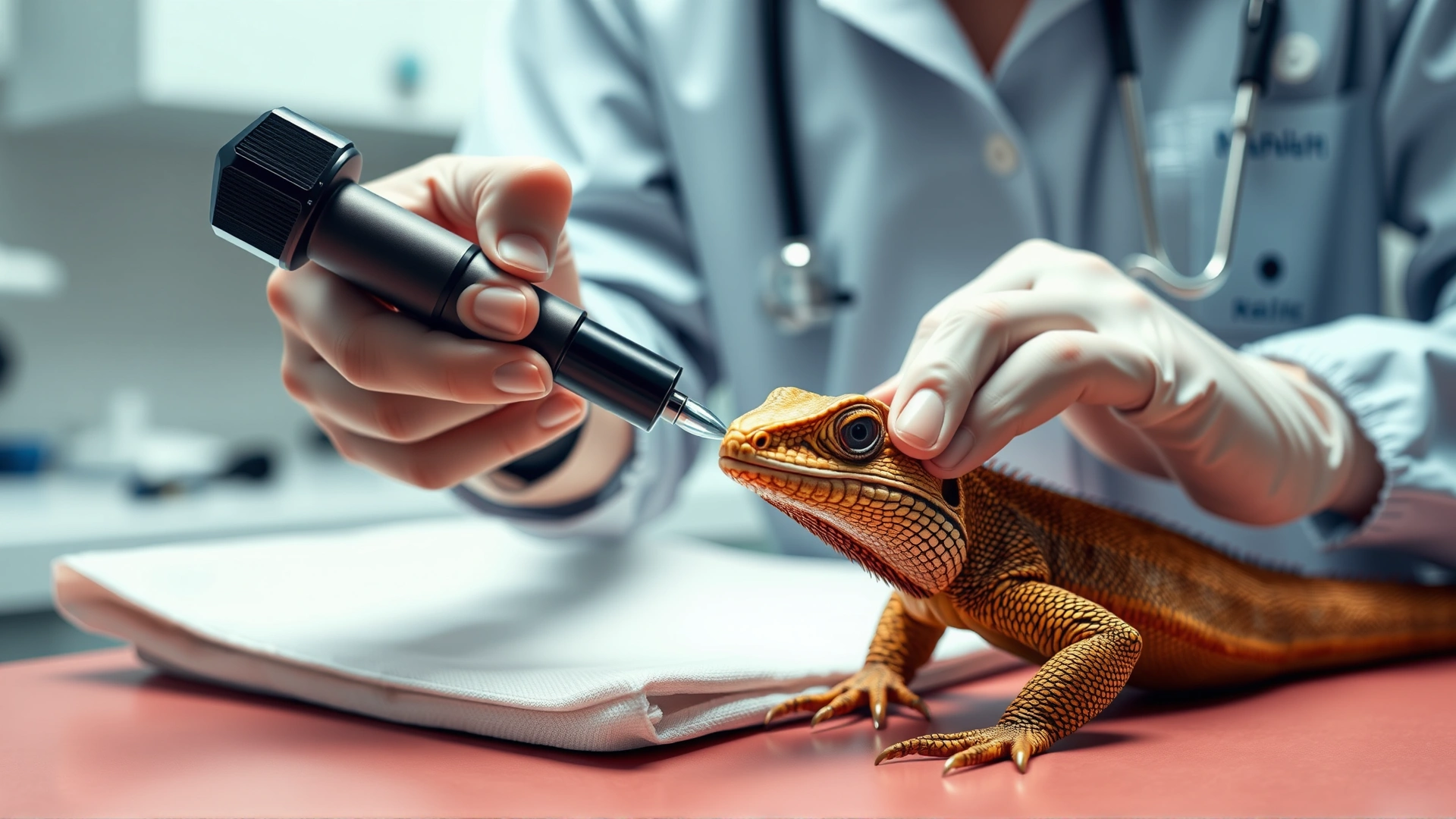 Exotic-animal veterinarian using a magnifying glass to inspect a lizard’s scales on an examination table, clinic setting.