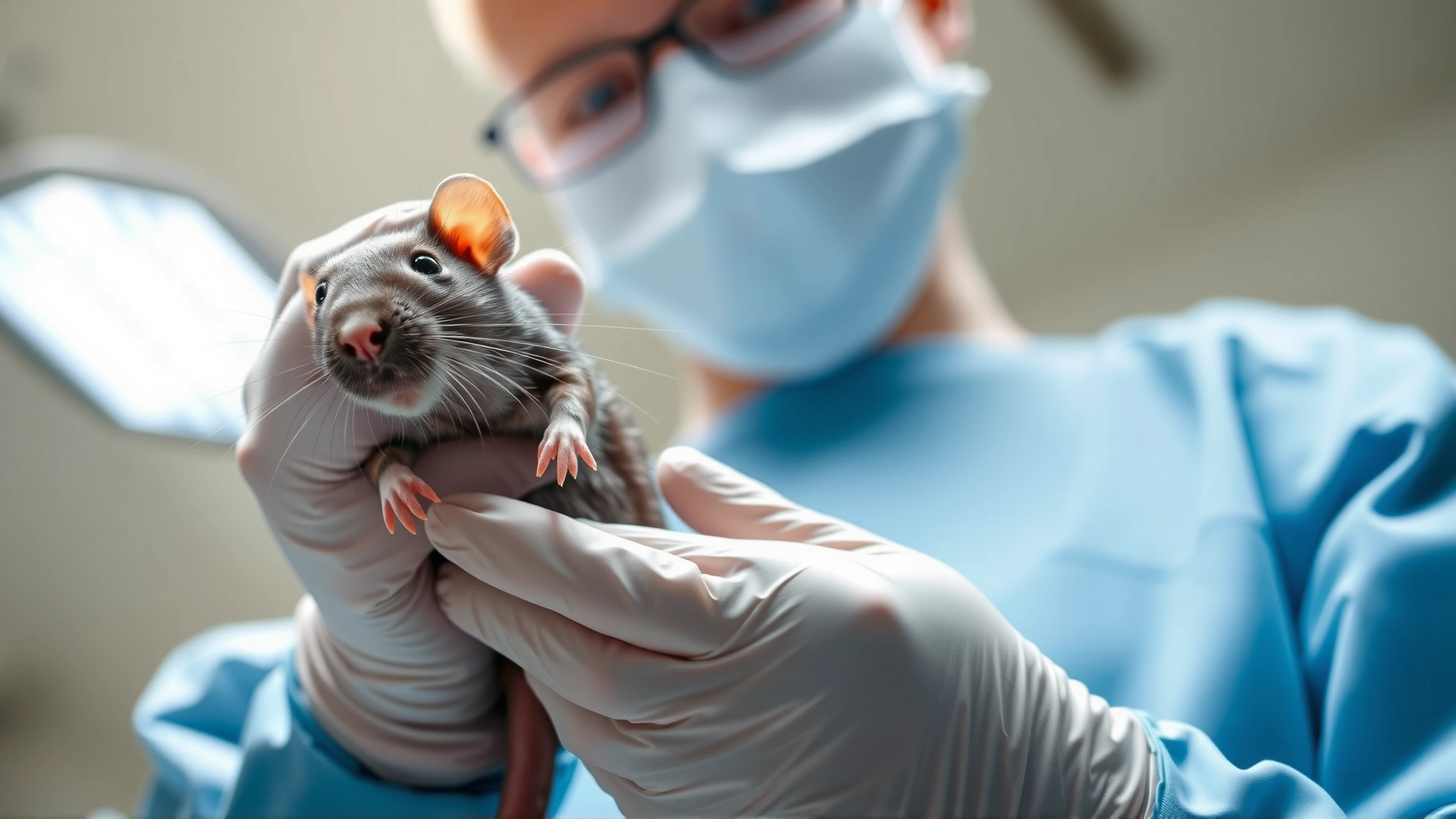 Veterinarian wearing gloves gently examining a rat's tail under bright clinic lighting