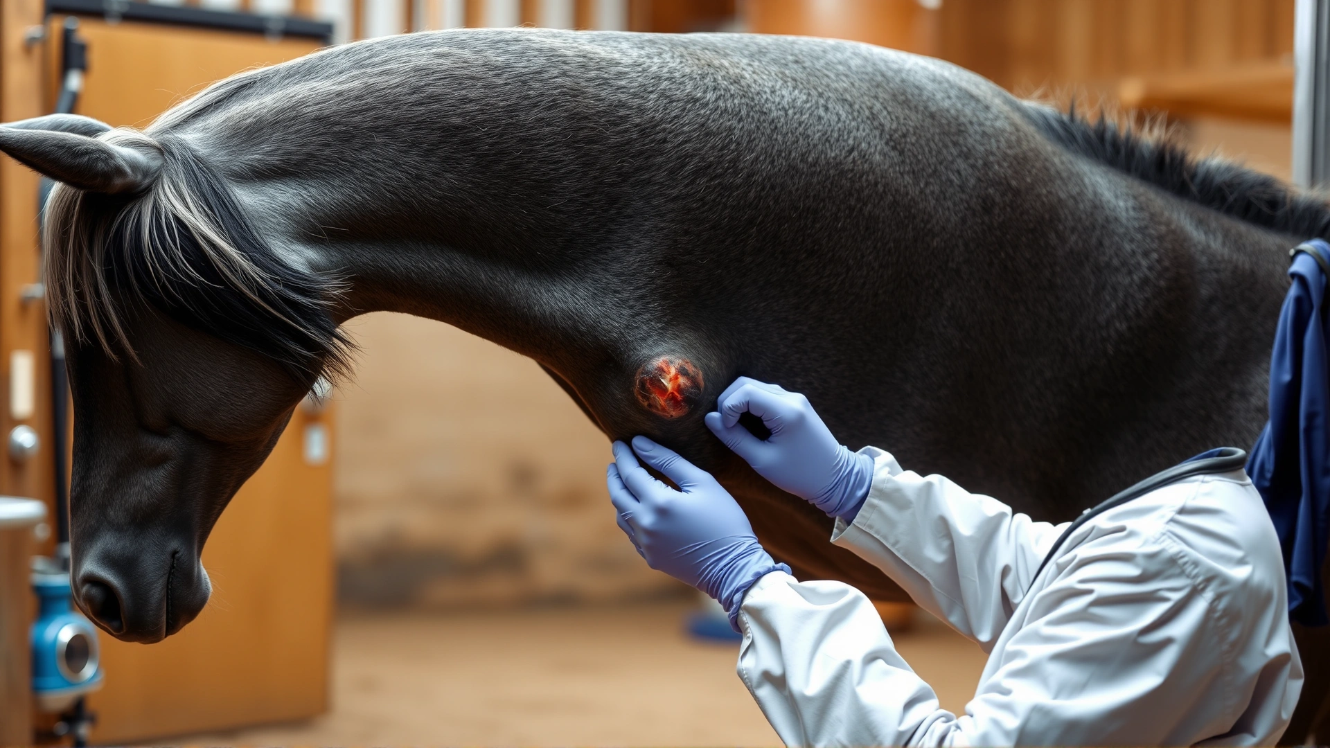 A veterinarian in a barn gently lifting a grey horse’s tail to examine a skin lesion, with medical equipment blurred in the background.