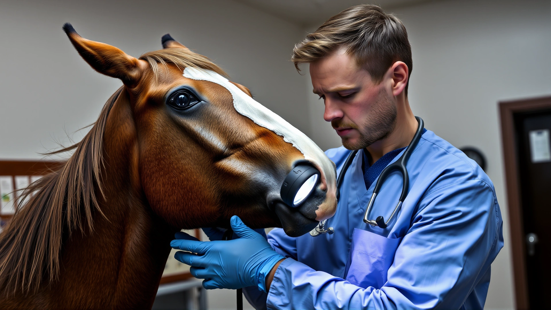 Veterinarian examining a horse’s neck using gloved hands and a headlamp, calm indoor clinic setting, no text.