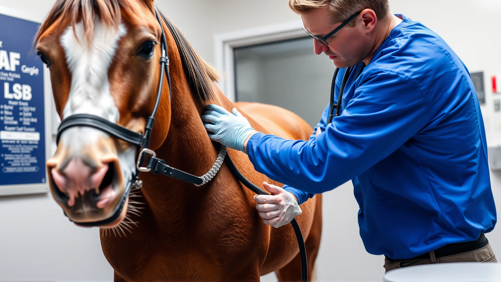 Equine veterinarian performing a rectal exam on a calm horse while an assistant holds the halter, clinical setting