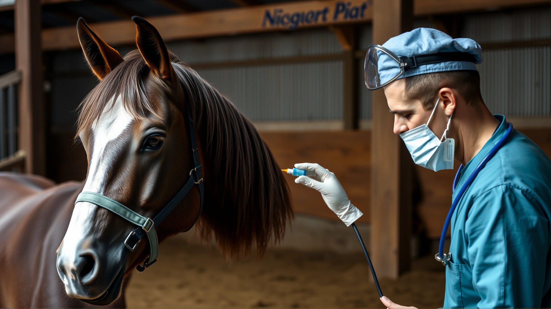 Equine veterinarian in barn setting taking a blood sample from a calm horse.