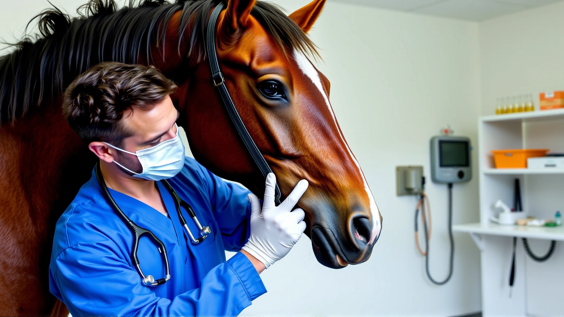 Equine veterinarian performing a manual flexion test on a young horse’s front limb in a clinical setting, white walls and medical equipment in background.