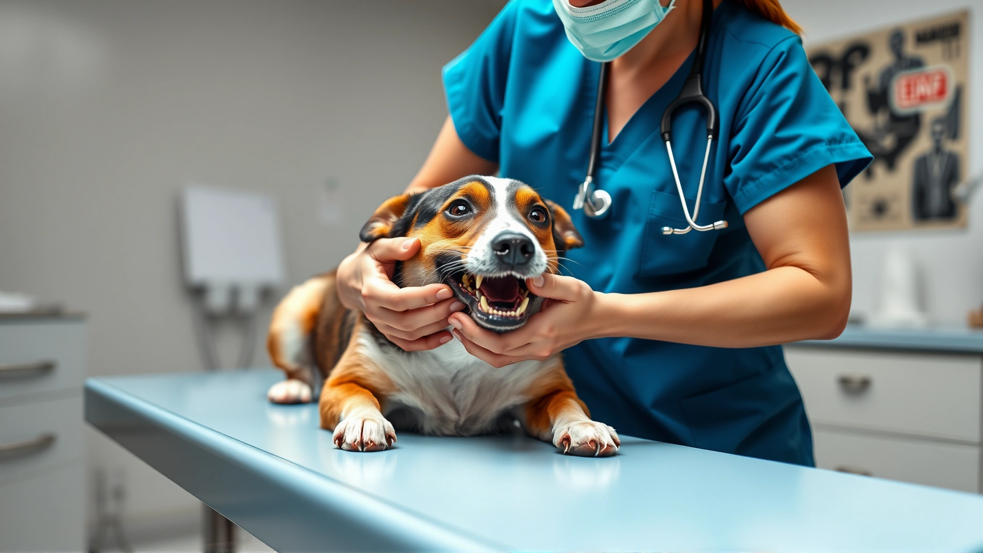 Medium shot of a female veterinarian wearing scrubs inspecting a dog’s mouth on an examination table, clinic background slightly blurred, no text