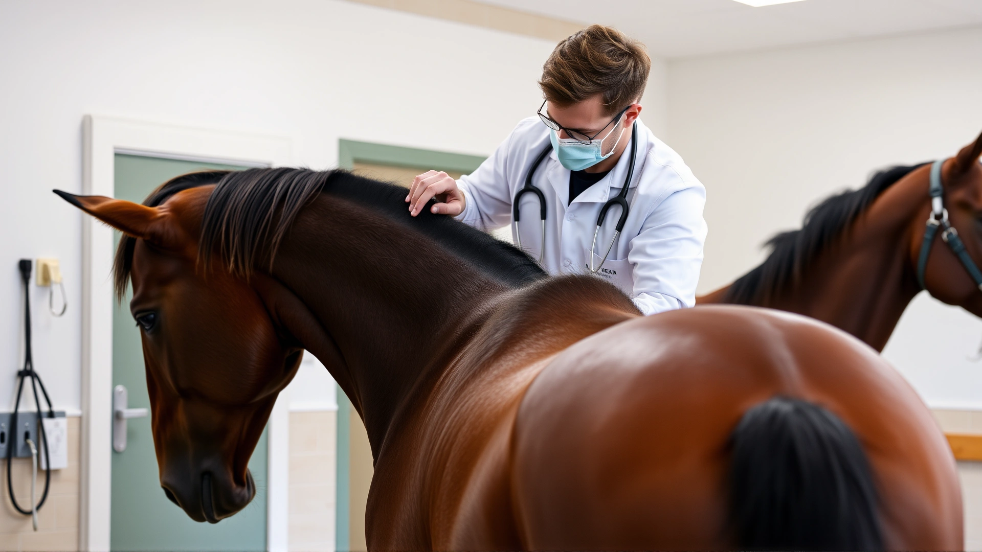 Veterinarian palpating a horse's back muscles during an examination inside an equine clinic.