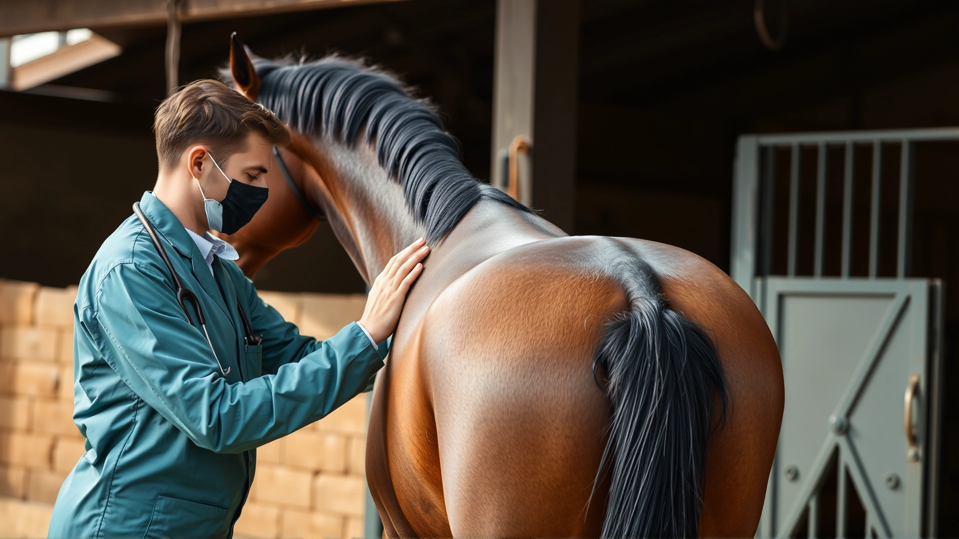 Veterinarian in a stable gently palpating a horse's rear leg while the horse stands calmly, daylight, natural candid shot