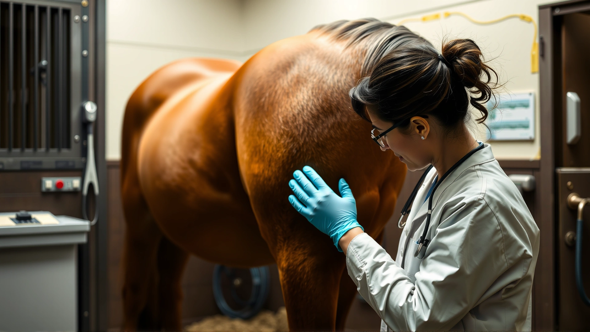 Equine veterinarian gently palpating a horse's hind leg in a stable setting, with medical equipment subtly visible in the background.