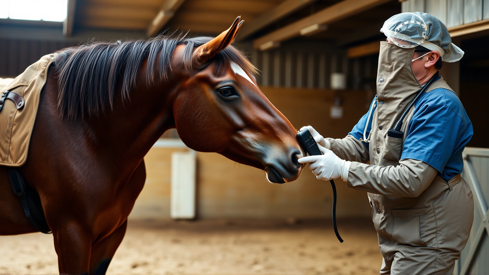 A veterinarian in coveralls using hoof testers on a horse's raised front hoof inside a barn.