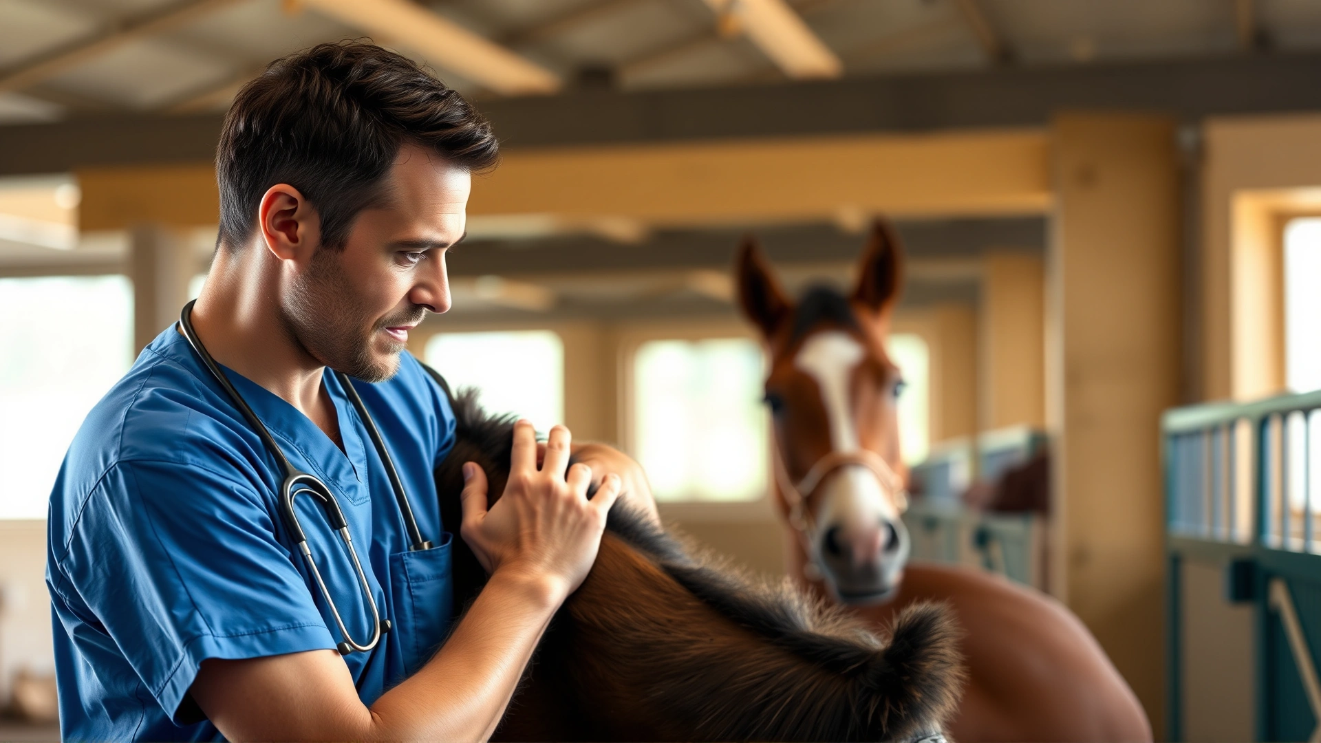 Veterinarian wearing blue scrubs gently palpating a brown horse's neck inside a well-lit stable, stethoscope around neck