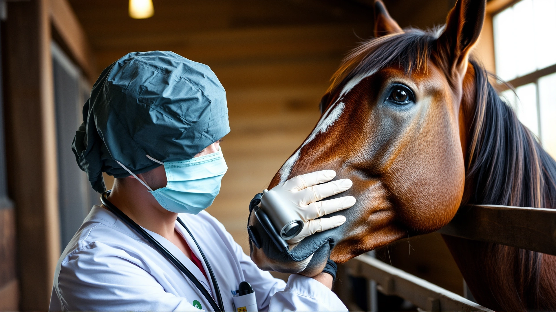 Veterinarian in a barn gently examining a horse's face with gloved hands, focusing on the affected skin