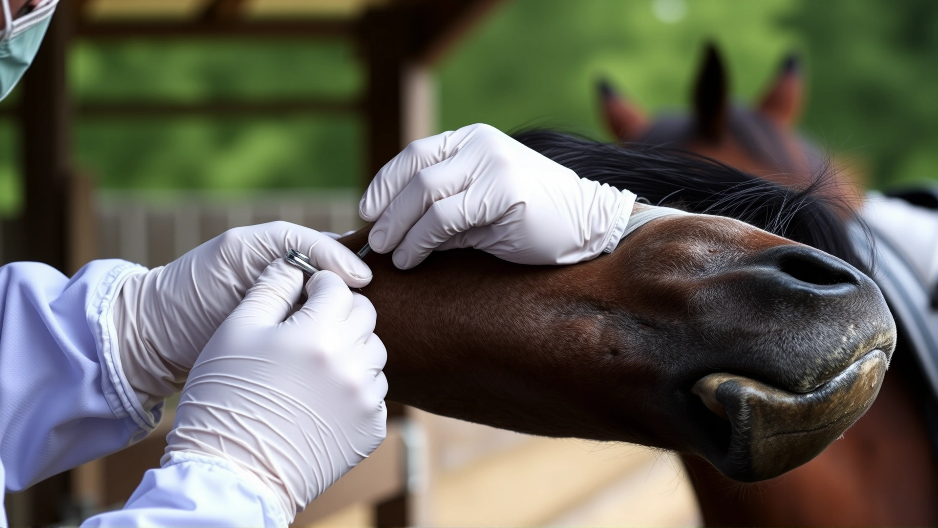Veterinarian in protective gloves taking a skin biopsy from a horse’s sore for laboratory diagnosis, outdoor stable setting.