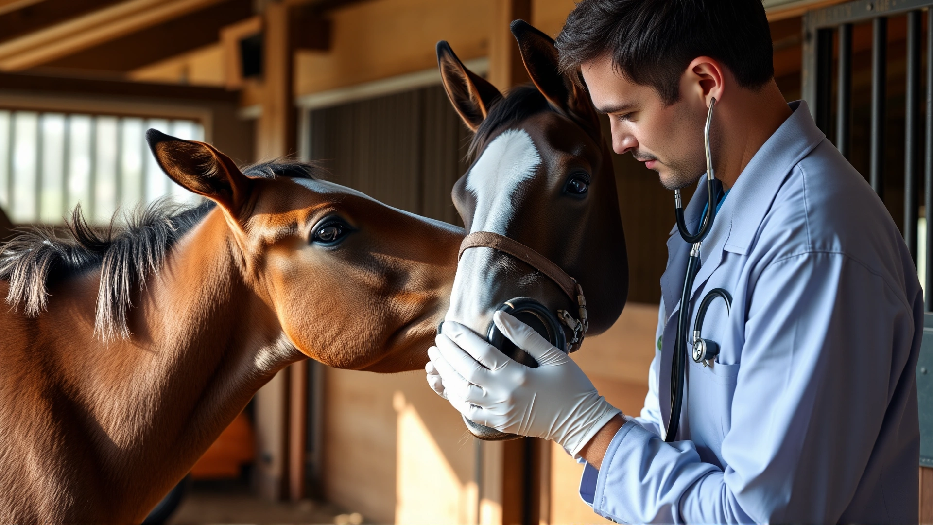 Equine veterinarian gently examining a young horse's mouth and muzzle in a stable, wearing gloves and a stethoscope, natural lighting.