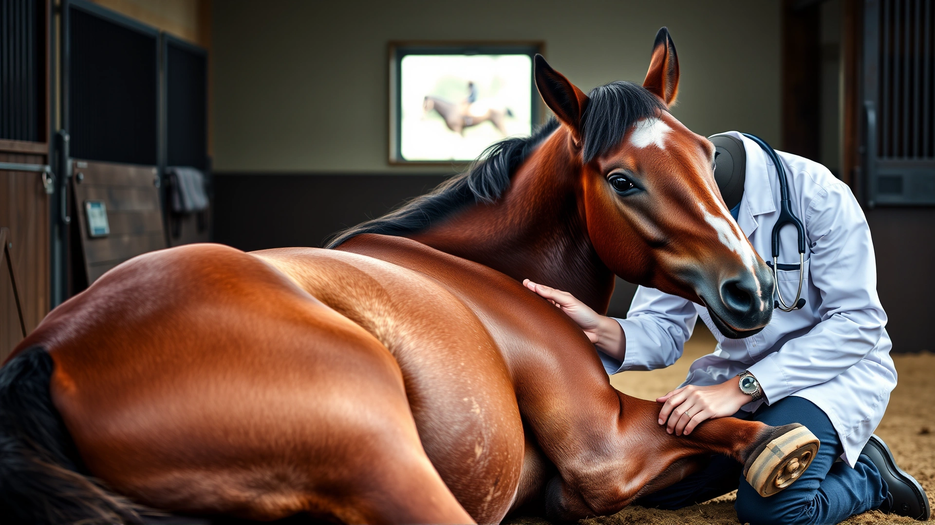 Close-up image of an equine veterinarian kneeling beside a recumbent horse, gently examining its limb with a stethoscope around the vet's neck, stable interior background. No text.