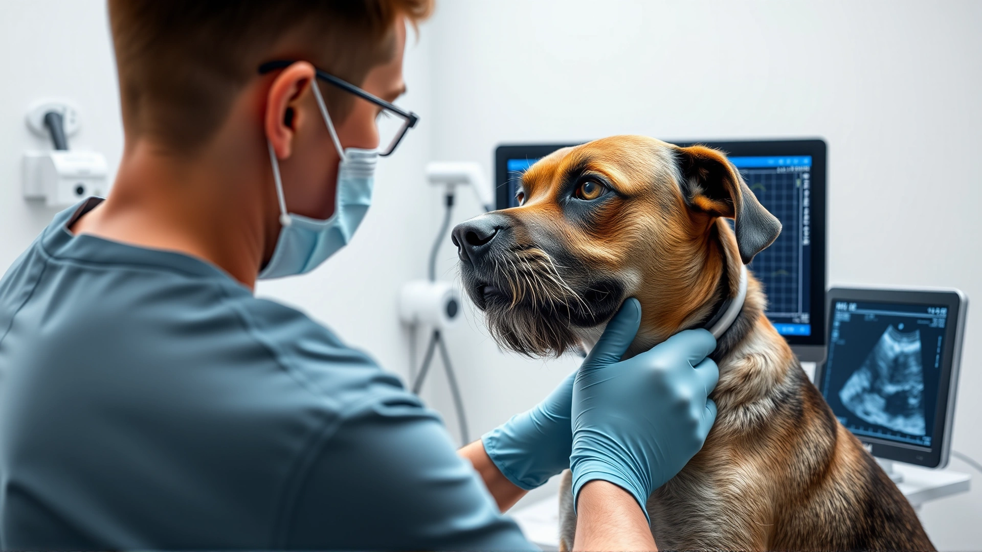 Veterinary cardiologist performing an echocardiogram on a medium-sized dog inside a modern clinic; ultrasound screen visible.