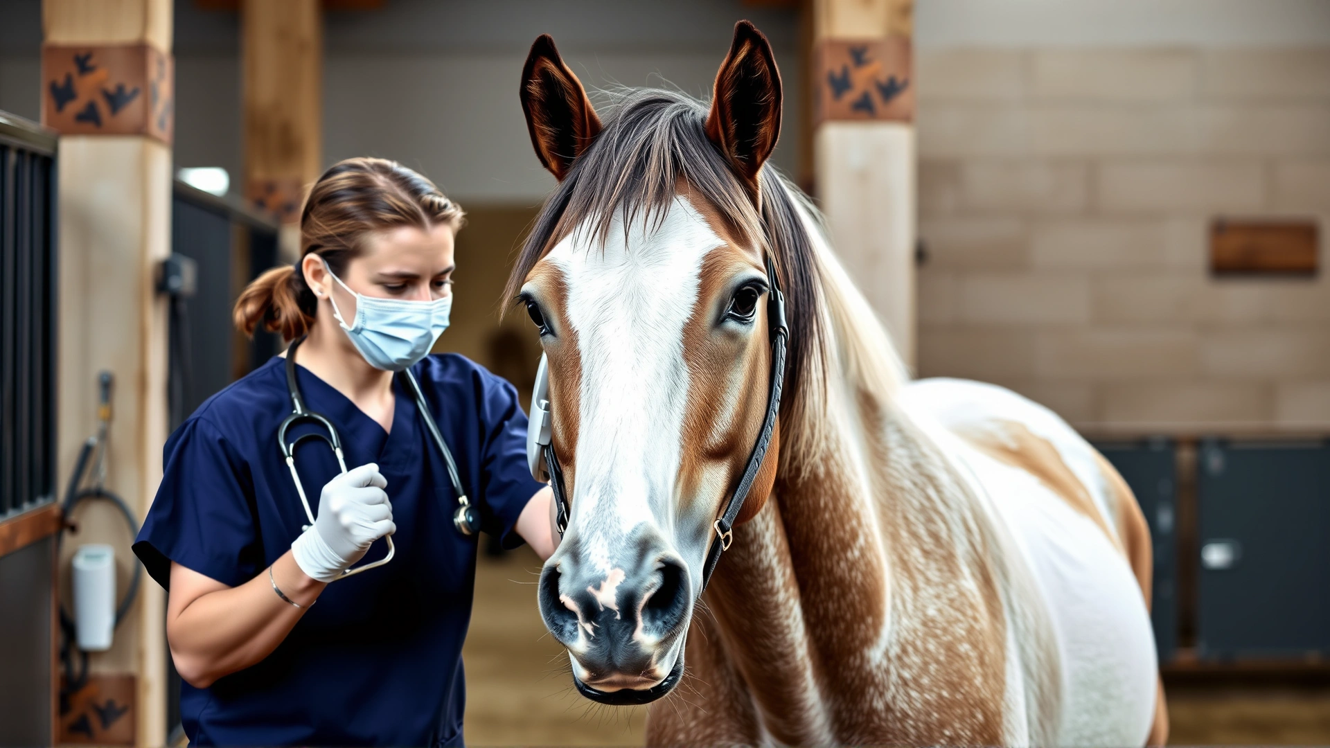 Picture of a veterinarian in scrubs and stethoscope examining a calm horse in a stable, emphasizing professional care.
