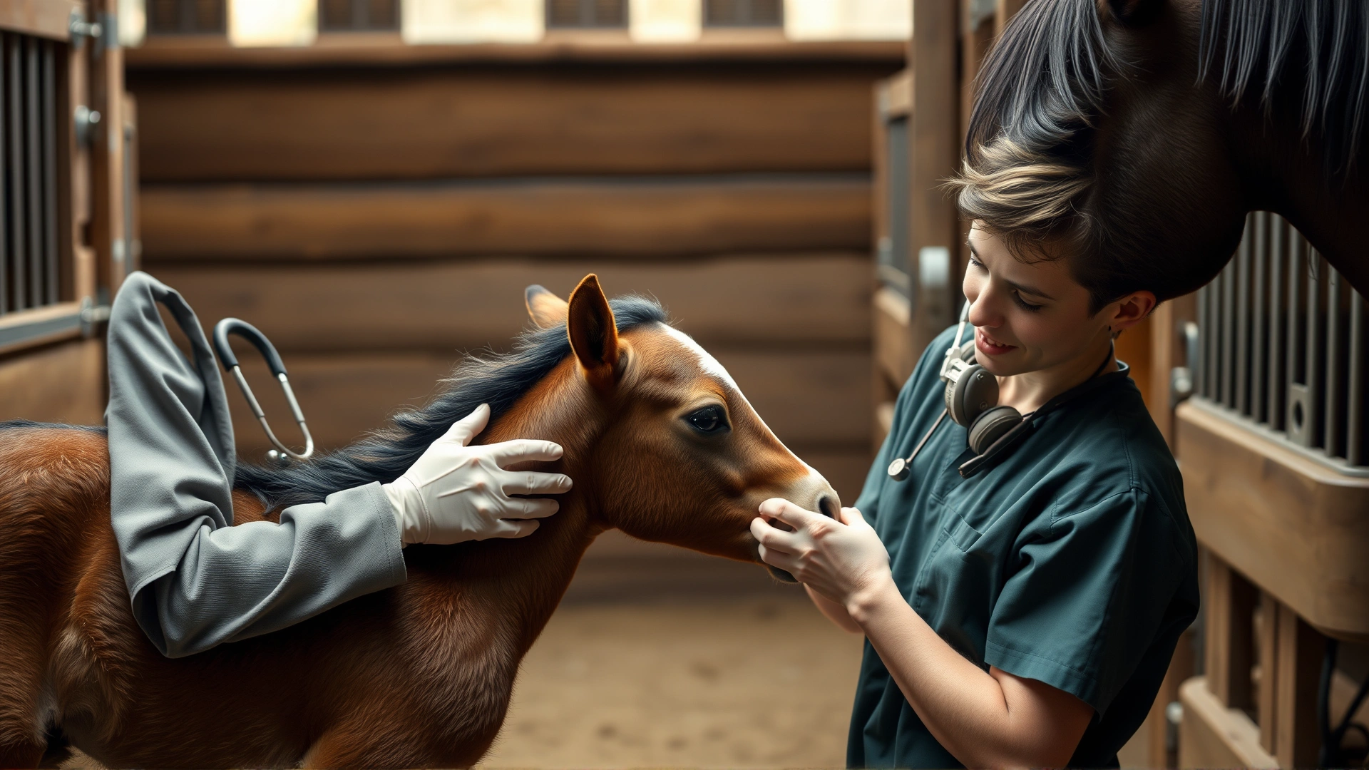 Young veterinarian examining the umbilical cord area of a foal while the mare watches inside a stable, realistic style, no text.