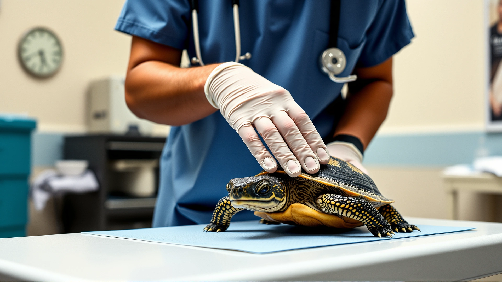 Reptile veterinarian gently examining a small turtle on a sterile exam table, professional clinic background.