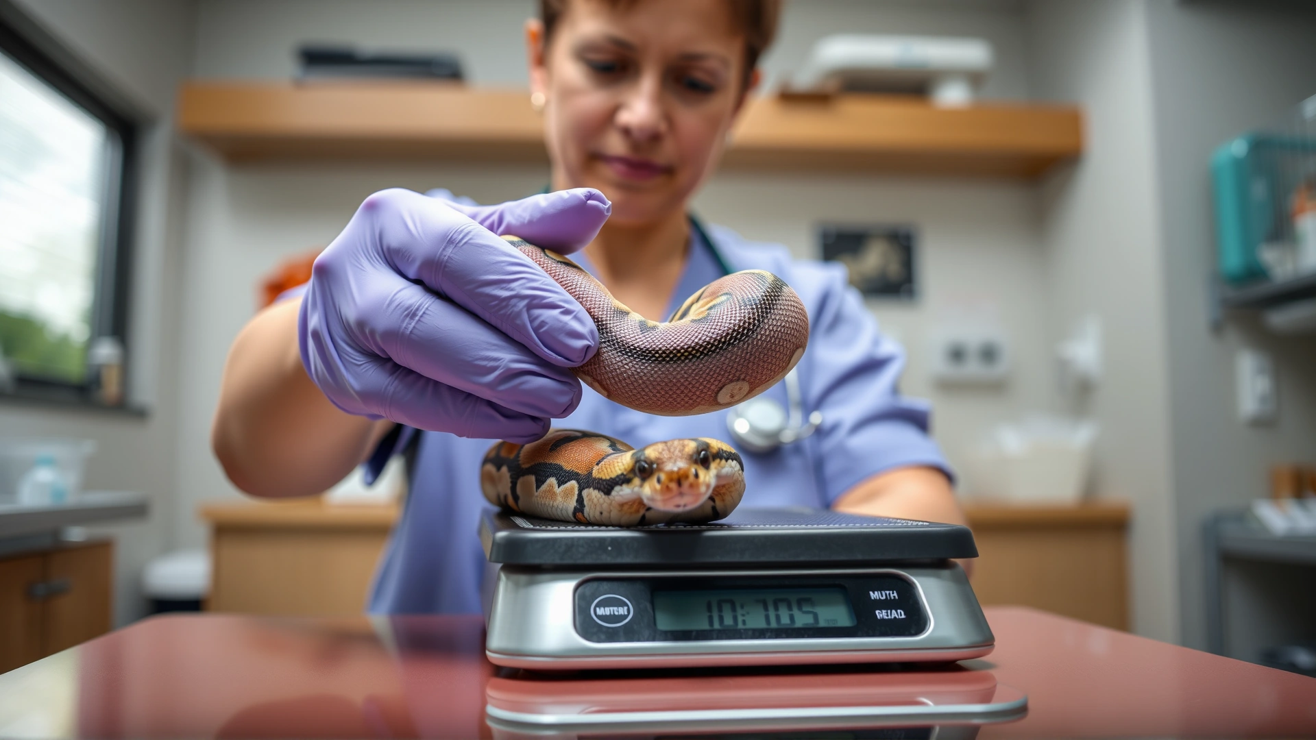 A veterinarian gently weighing a chubby ball python on a digital scale inside a clinic