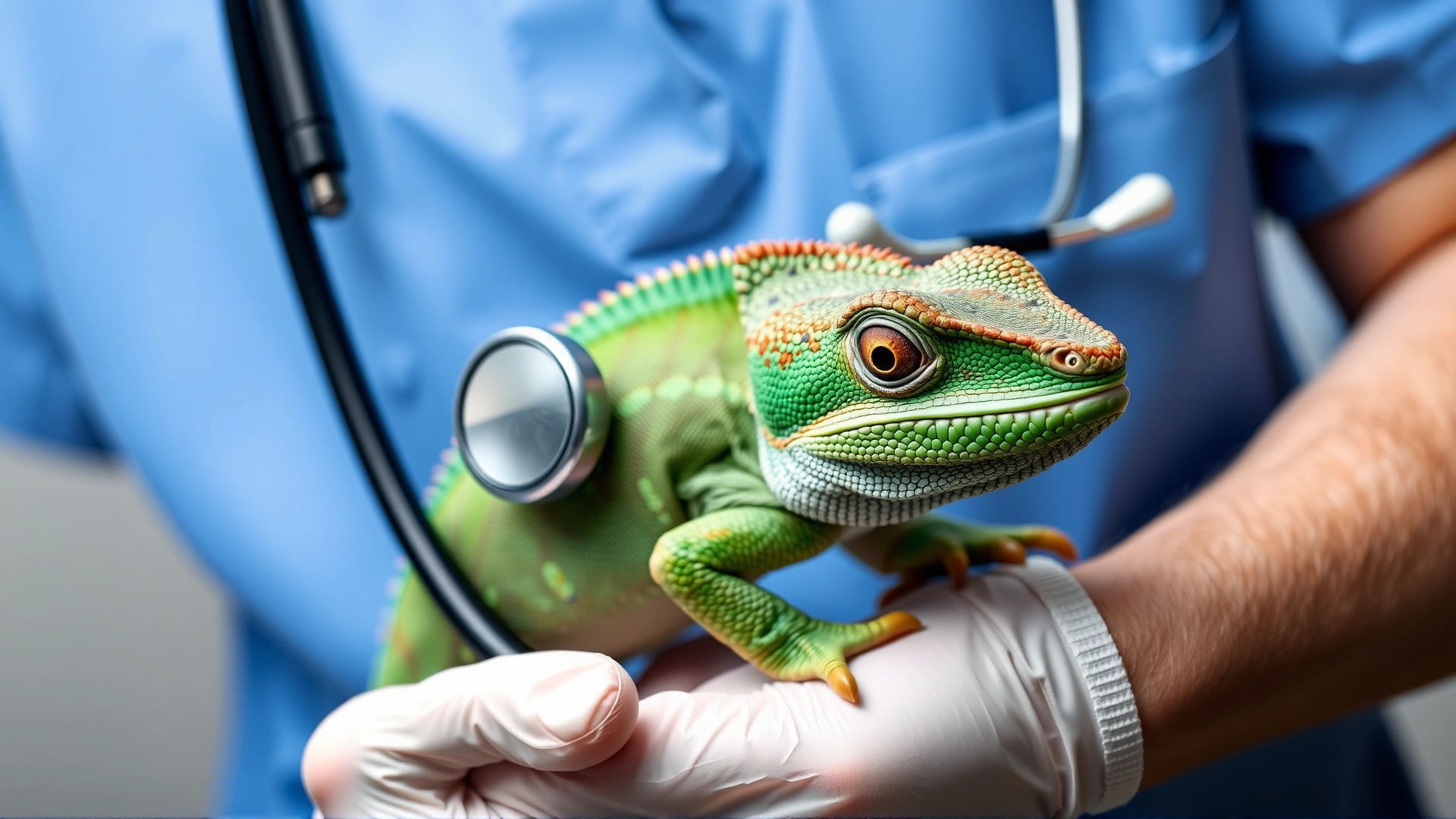 A veterinarian holding a chameleon while using a stethoscope, close-up view to demonstrate clinical examination.