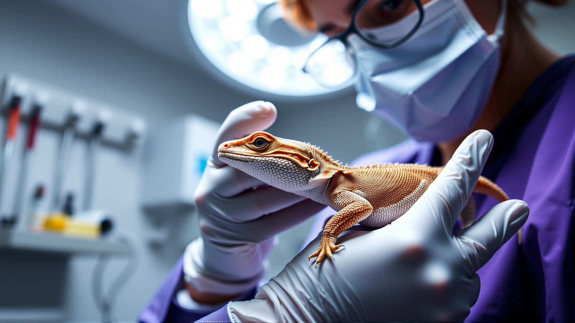 Veterinarian wearing latex gloves carefully examining a bearded dragon under bright clinic lighting, with medical instruments blurred in the background.