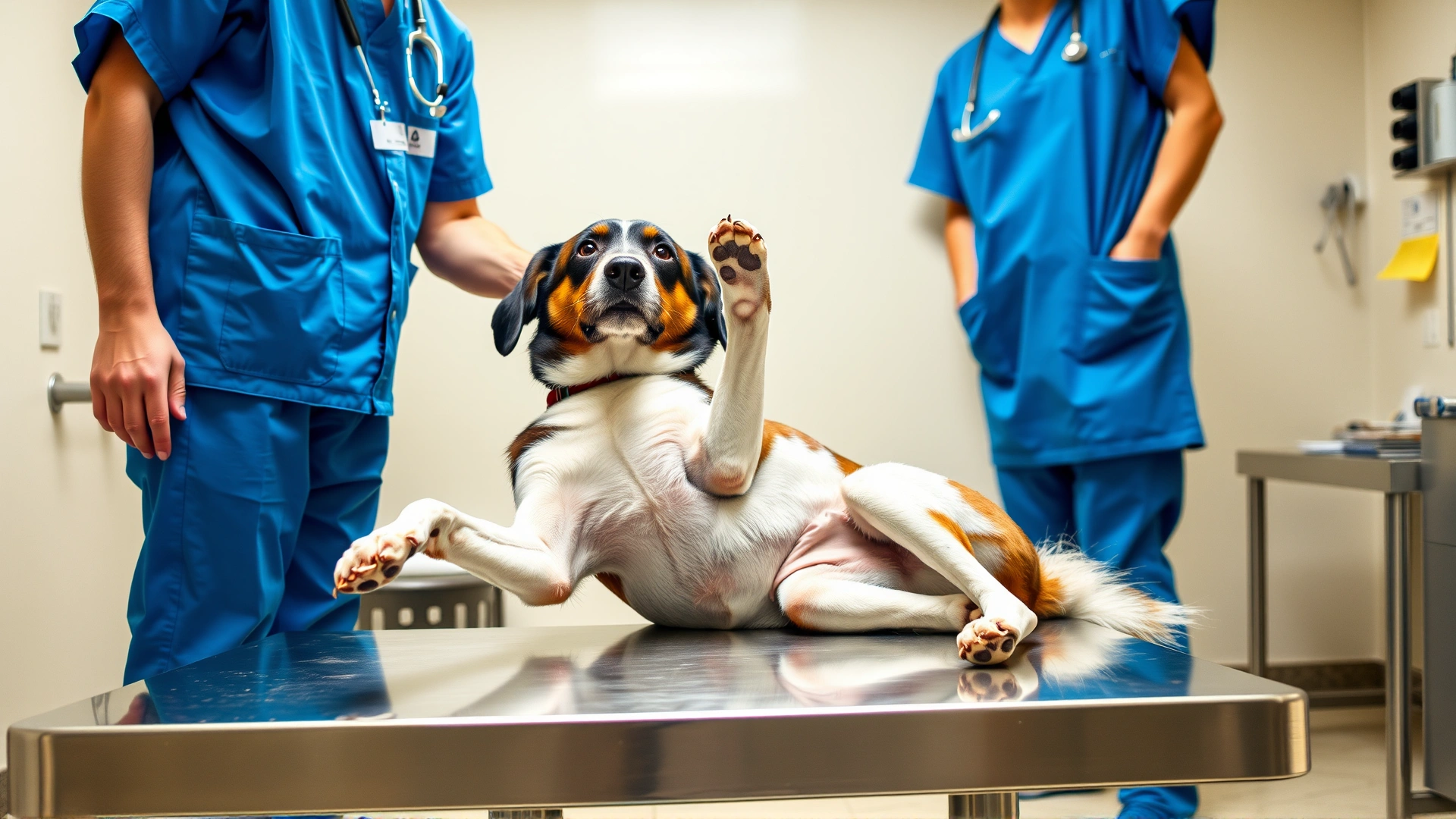Veterinarian in blue scrubs examining a dog’s paw on a stainless-steel examination table in a well-lit clinic room.
