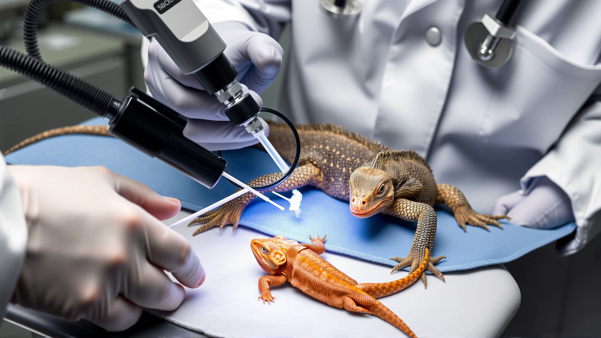 Scene of a reptile specialist using a magnifying loupe and cotton swab to clean a lizard’s bite wound on a treatment table.