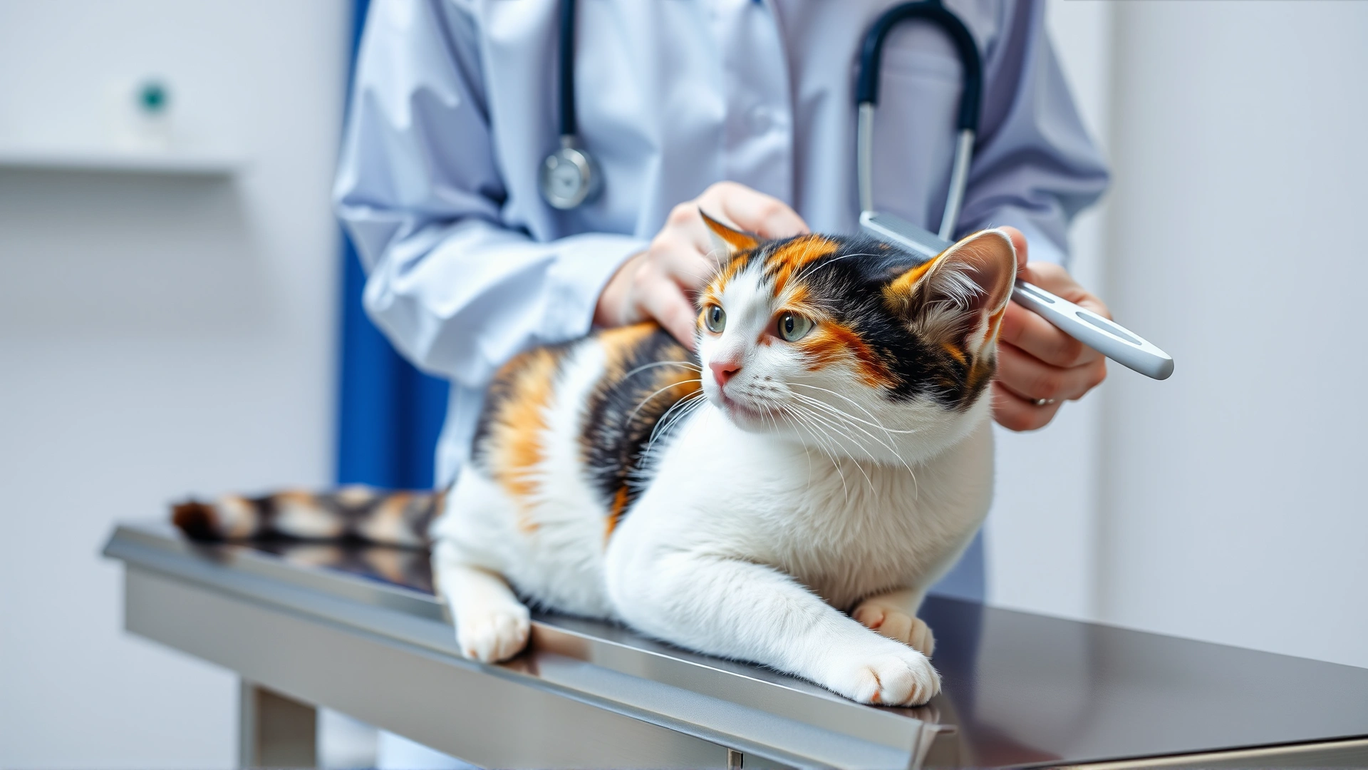 Veterinarian in white coat examining a calico cat on a stainless-steel exam table, gently using a flea comb. Clinic background blurred. No text.