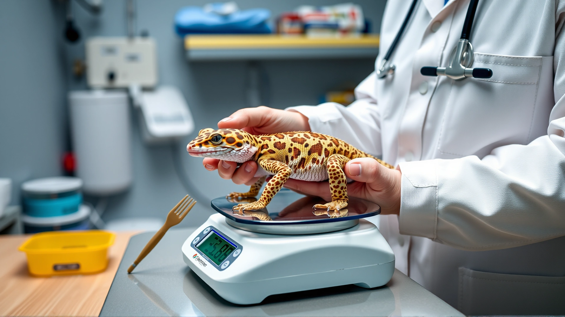 Reptile veterinarian weighing a leopard gecko on a digital scale in a clinic setting, professional lighting.