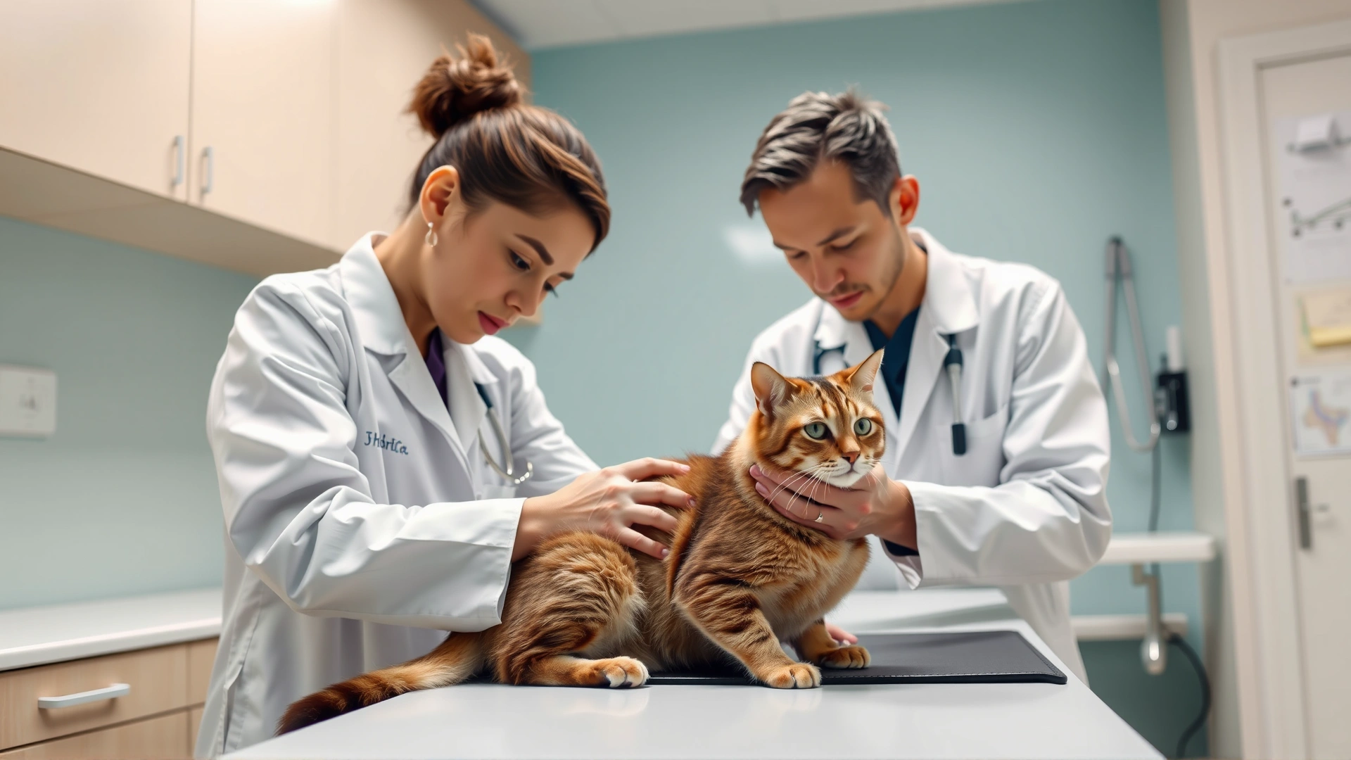 Veterinarian in a white coat gently examining a cat on an exam table in a modern veterinary clinic, bright lighting, candid moment, high resolution
