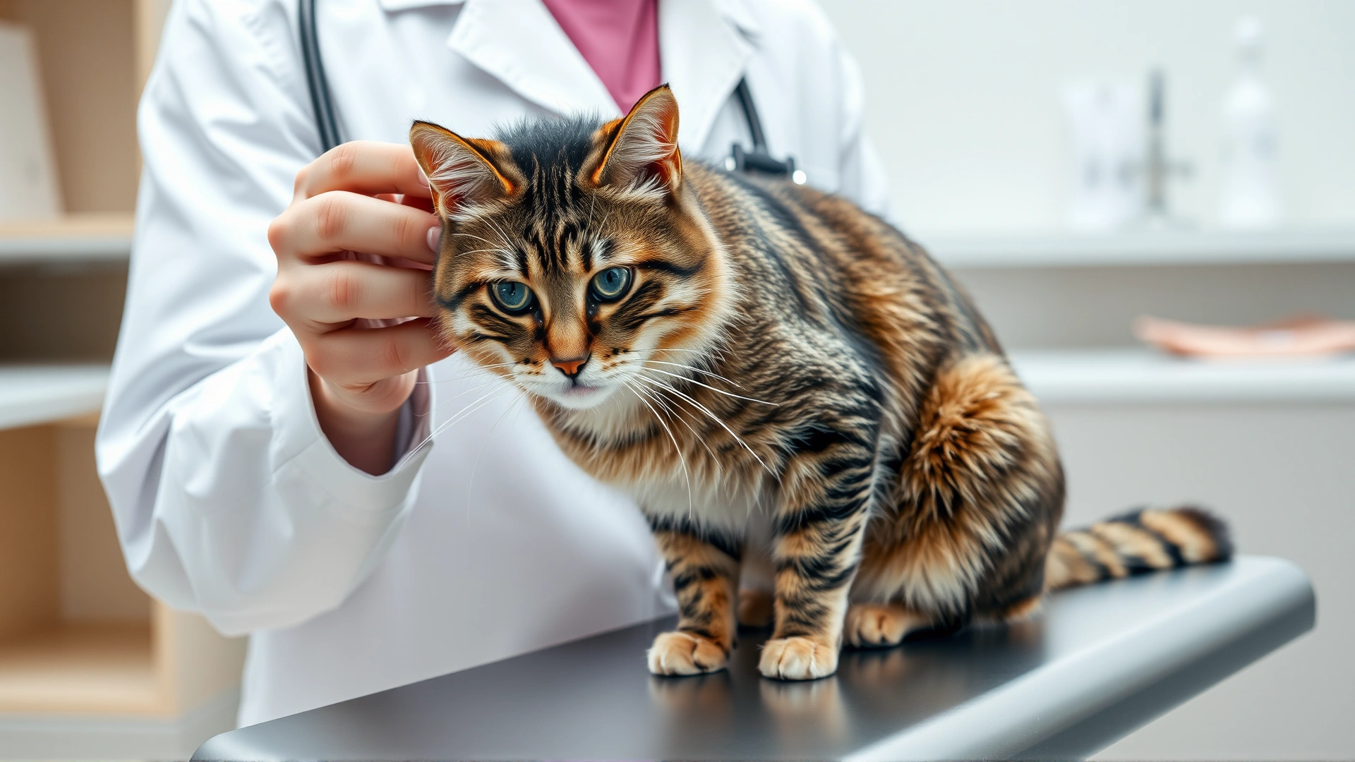 Veterinarian in a white coat using a stethoscope to examine a tabby cat on an examination table; modern clinic background softly blurred.