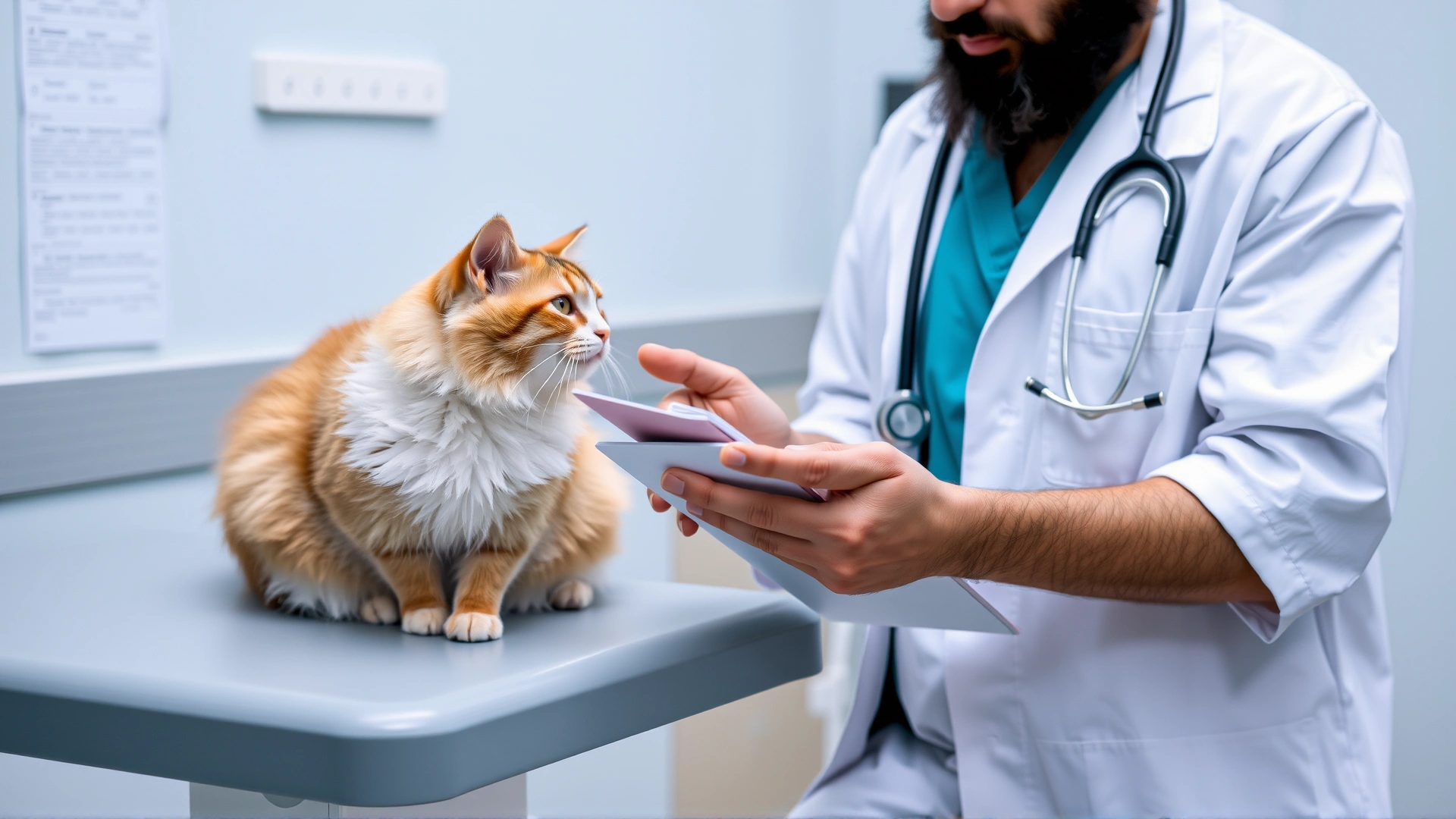 Veterinarian wearing a white coat and stethoscope discussing test results with a cat owner, with the cat calmly sitting on the exam table.