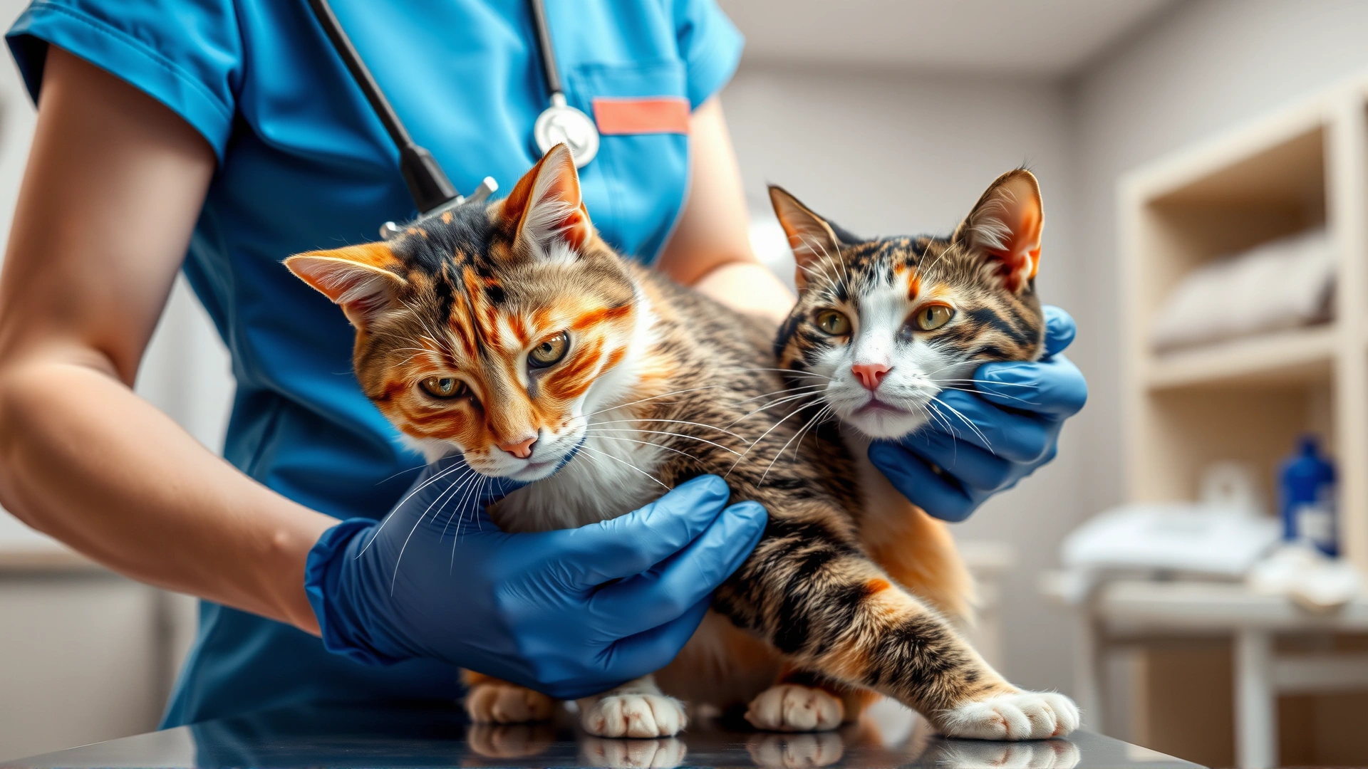 Veterinarian wearing blue scrubs gently examining a calico cat's skin with gloved hands in a modern clinic setting