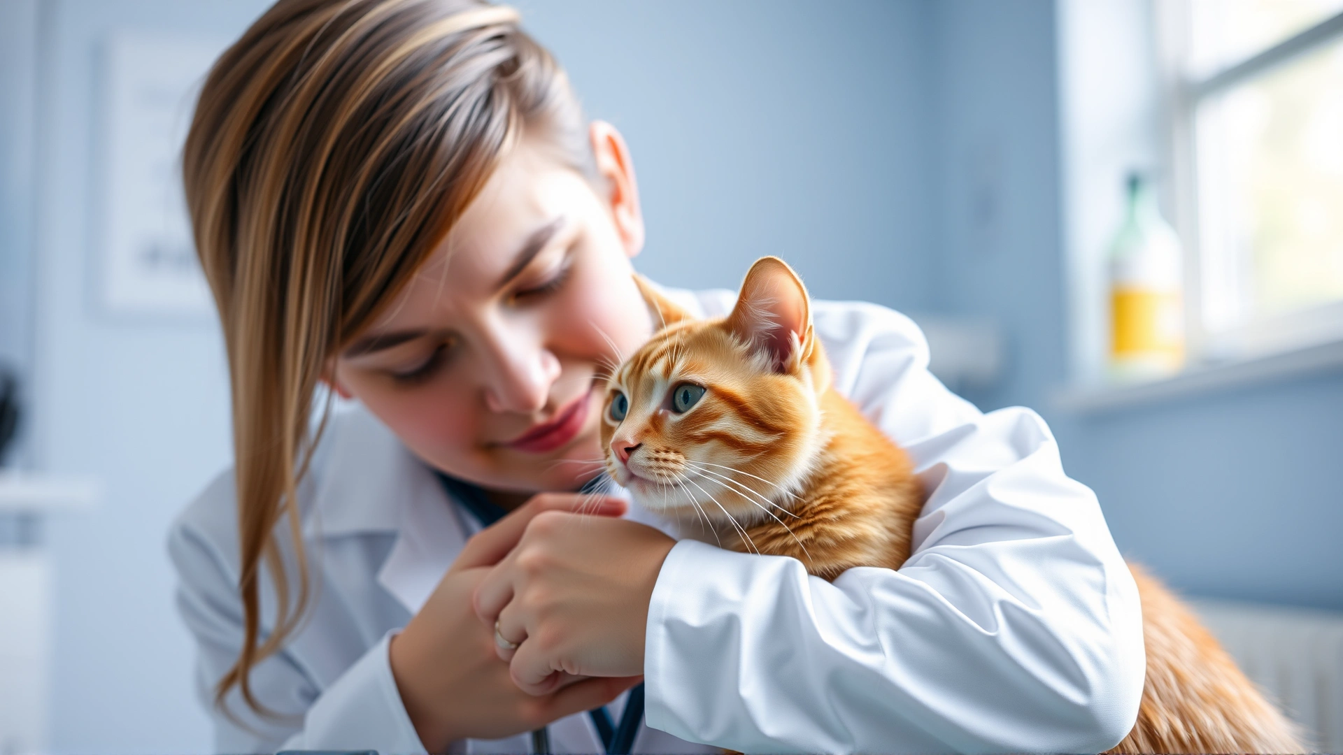 Veterinarian in white coat gently examining a calm orange cat with a stethoscope in a bright clinic room.