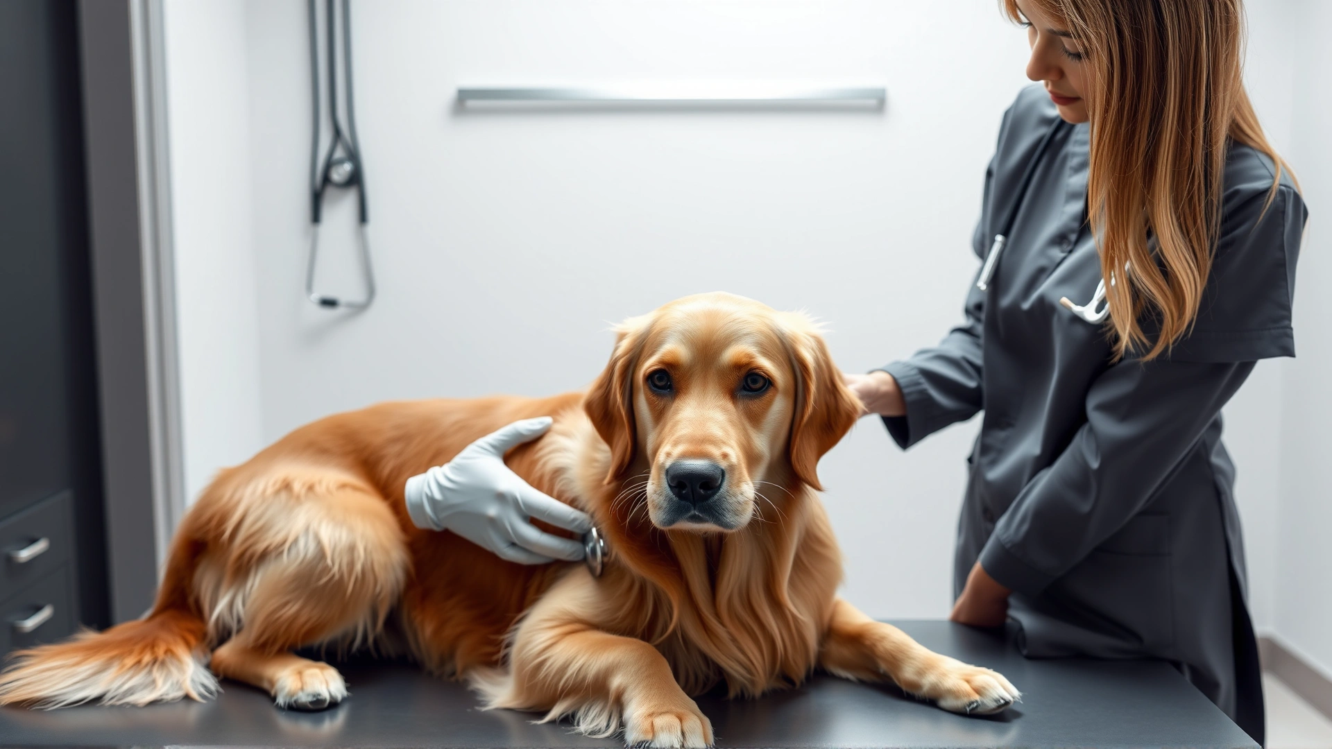 Veterinarian examining a Golden Retriever on a clinic table, stethoscope in hand, clean clinical background.