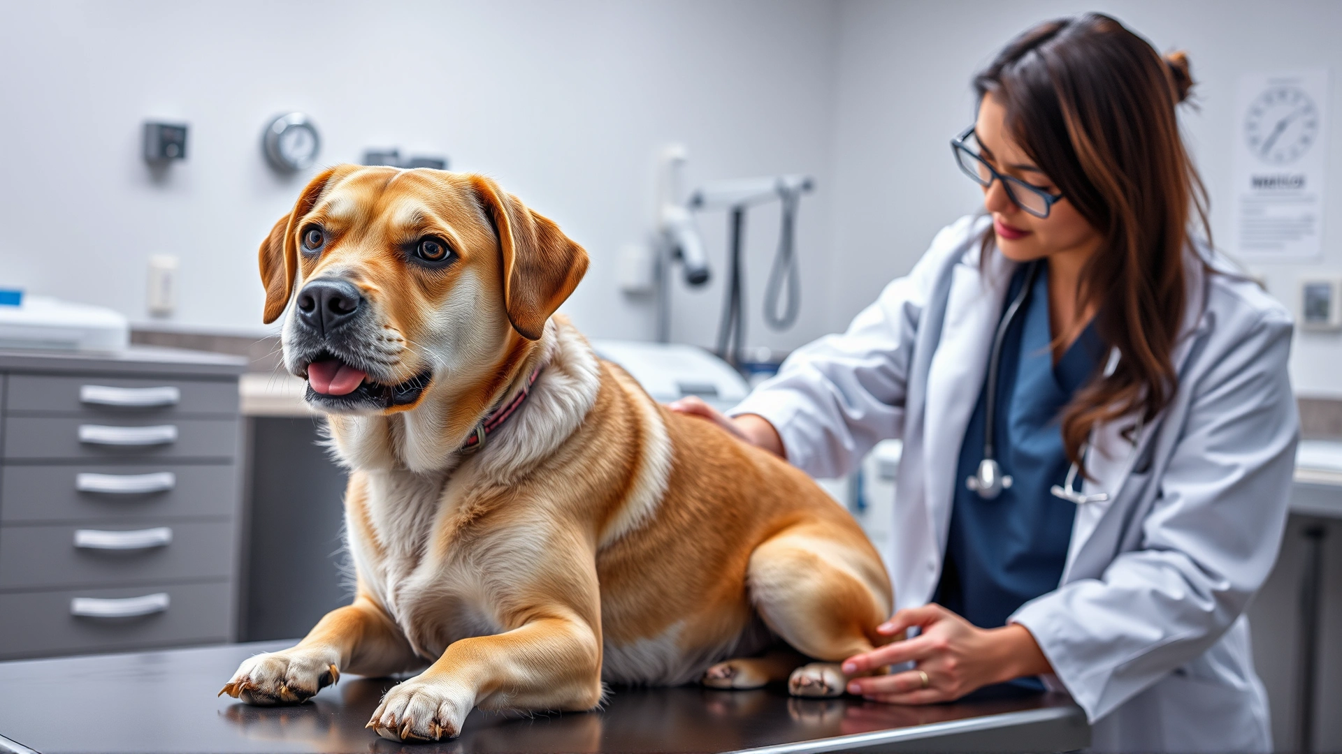 Veterinarian in white coat examining a medium-sized dog on a clinic table, medical equipment in background, professional setting