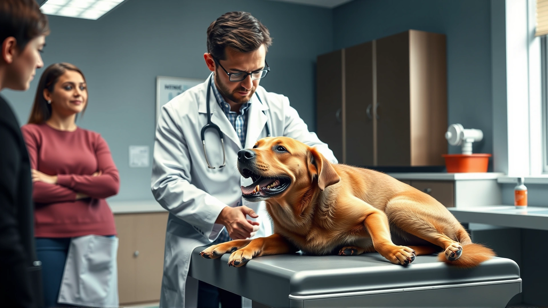 Veterinarian in a white coat examining a relieved dog on the exam table while the owner watches, modern clinic environment.