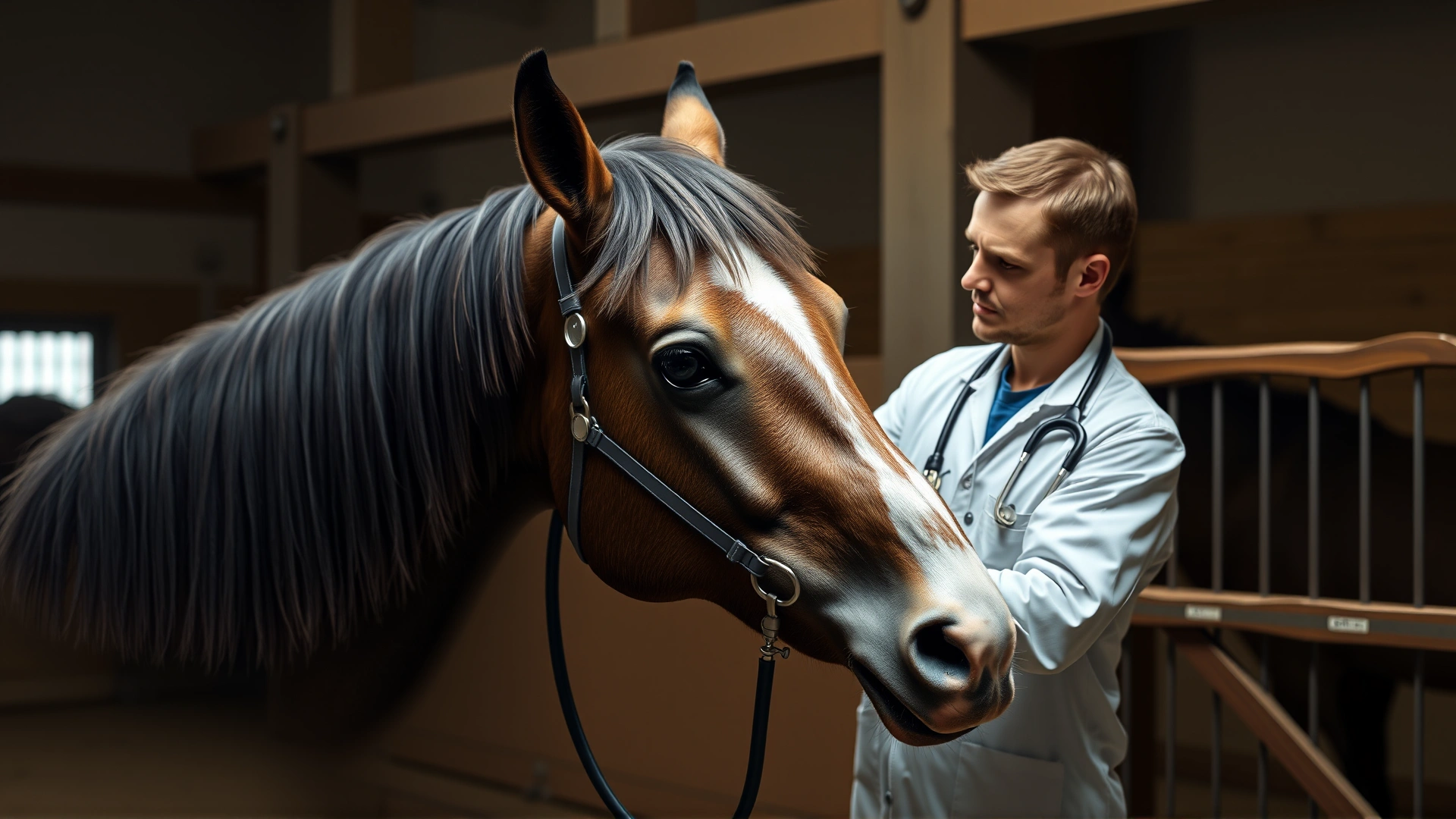Veterinarian in barn setting performing a thorough check-up on a calm horse, gentle handling, stethoscope visible, no text.