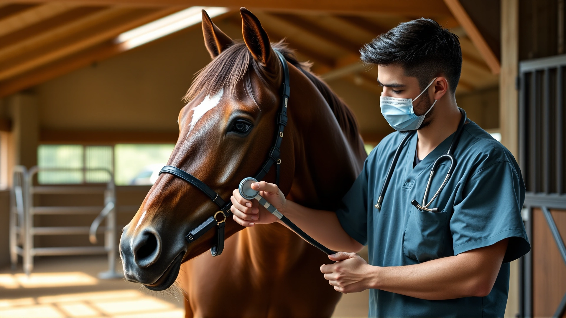 Equine veterinarian in scrubs using a stethoscope on the chest of a calm bay horse inside a well-lit stable.