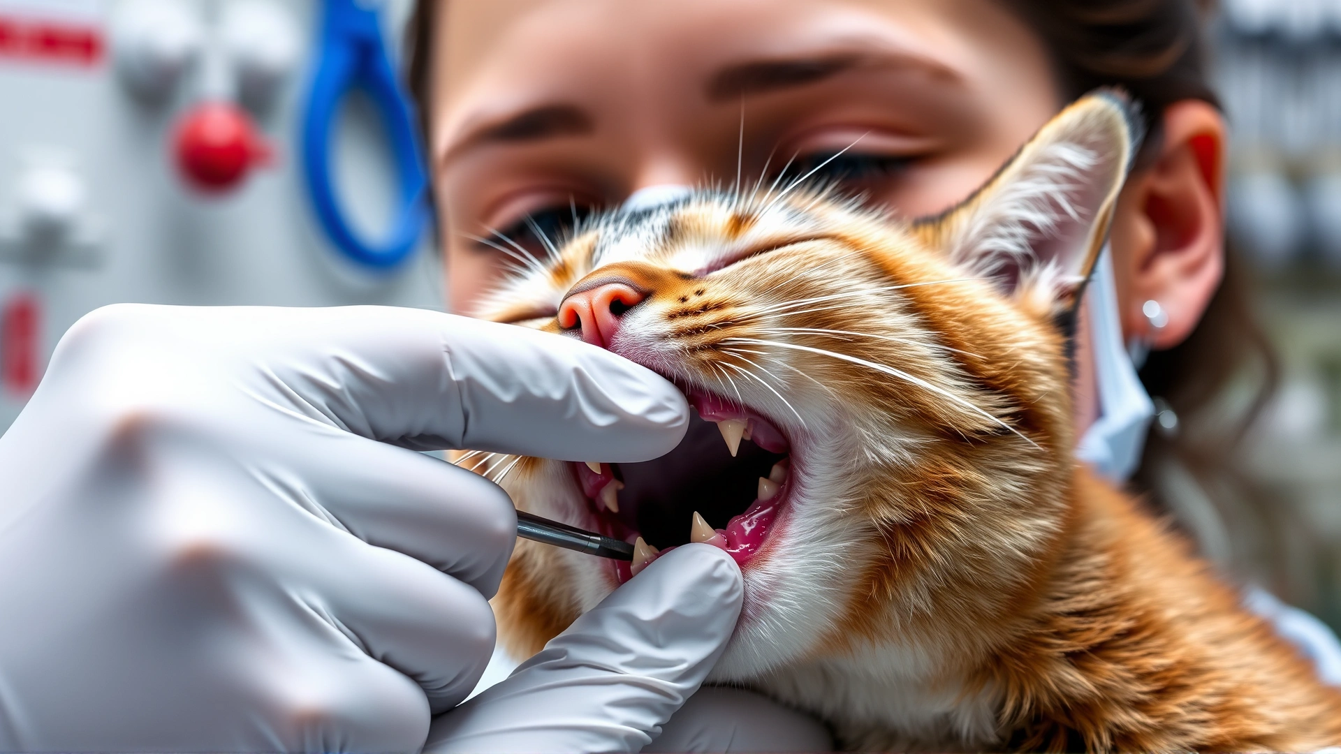 Veterinarian wearing gloves gently opening a cat's mouth during dental check, clinic background