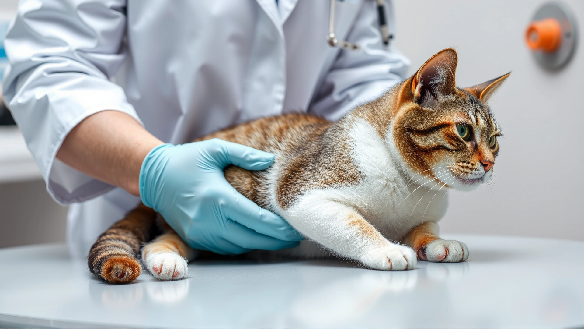 Veterinarian wearing white coat palpating a cat's abdomen on an examination table, clinical setting