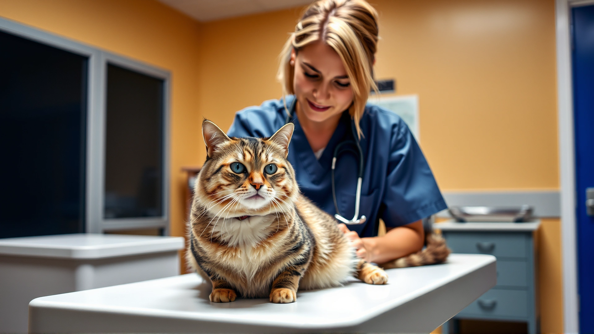 Veterinarian in a clinic calmly examining a domestic cat on an exam table, bright clinical lighting, caring expression, realistic photography, no text