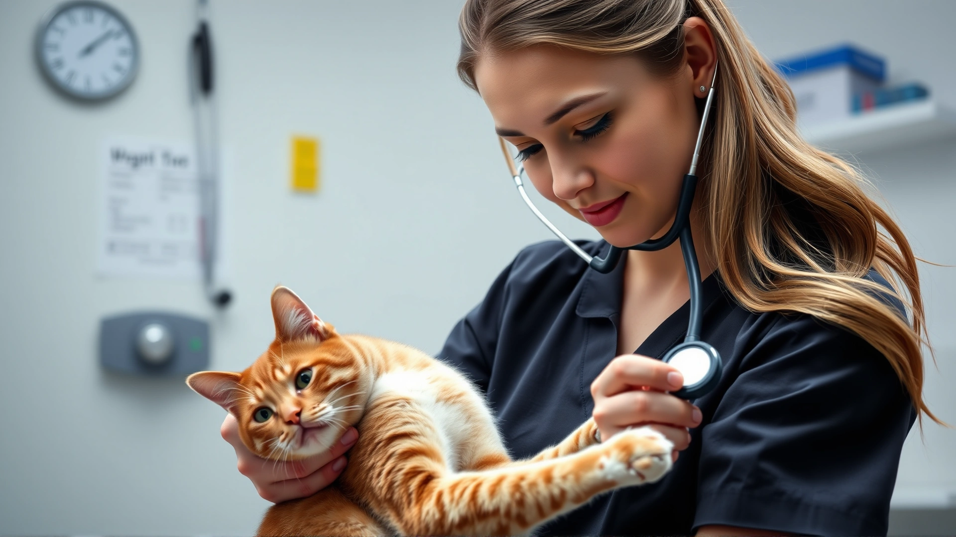 Young female veterinarian using a stethoscope to listen to a cat's chest during a routine exam, close-up, well-lit veterinary clinic