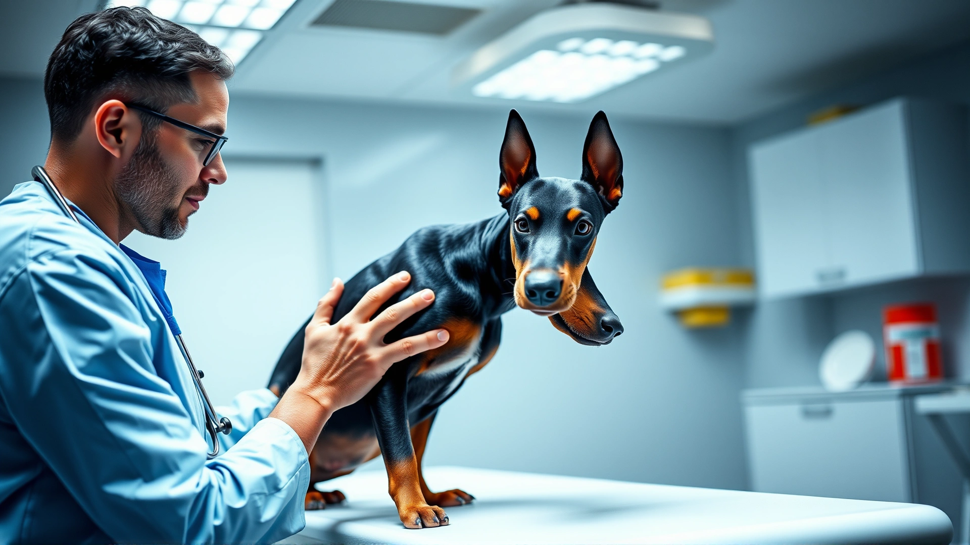 Veterinarian gently examining a young Doberman on an exam table, stethoscope around neck, in a well-lit clinic