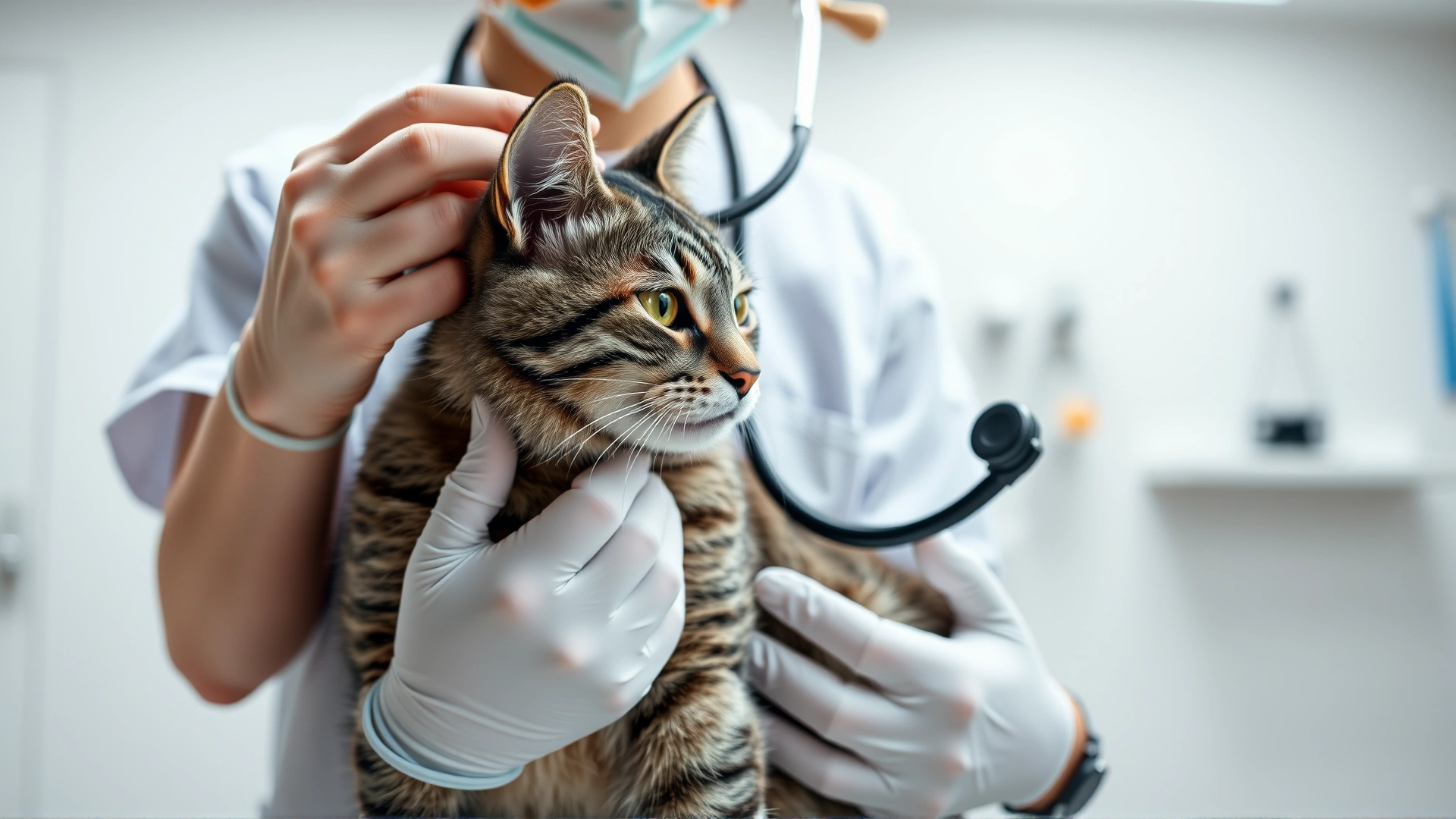 Veterinarian gently auscultating a gray tabby cat's chest with a stethoscope in a modern veterinary clinic, bright lighting, no text