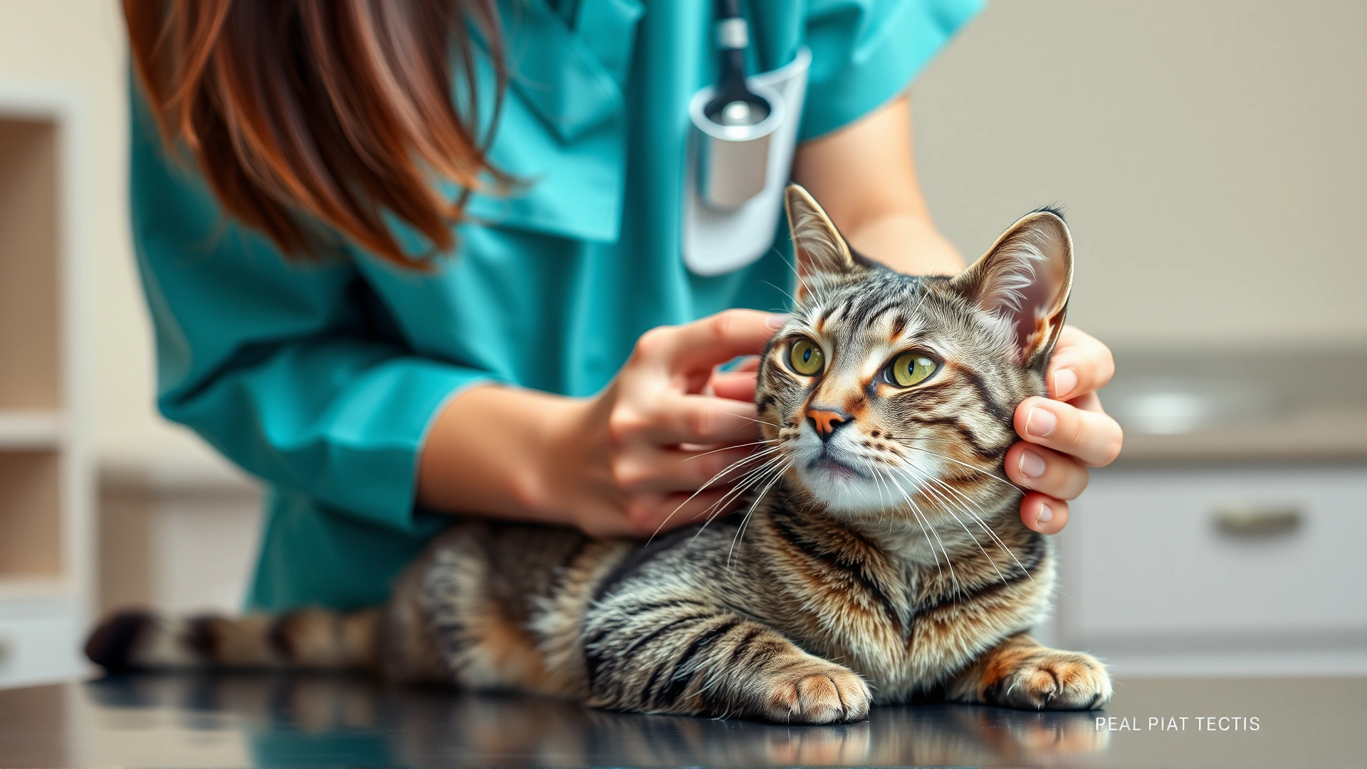 Medium shot of a veterinarian auscultating a grey tabby cat on an exam table, clinical background slightly blurred, natural lighting, no text.