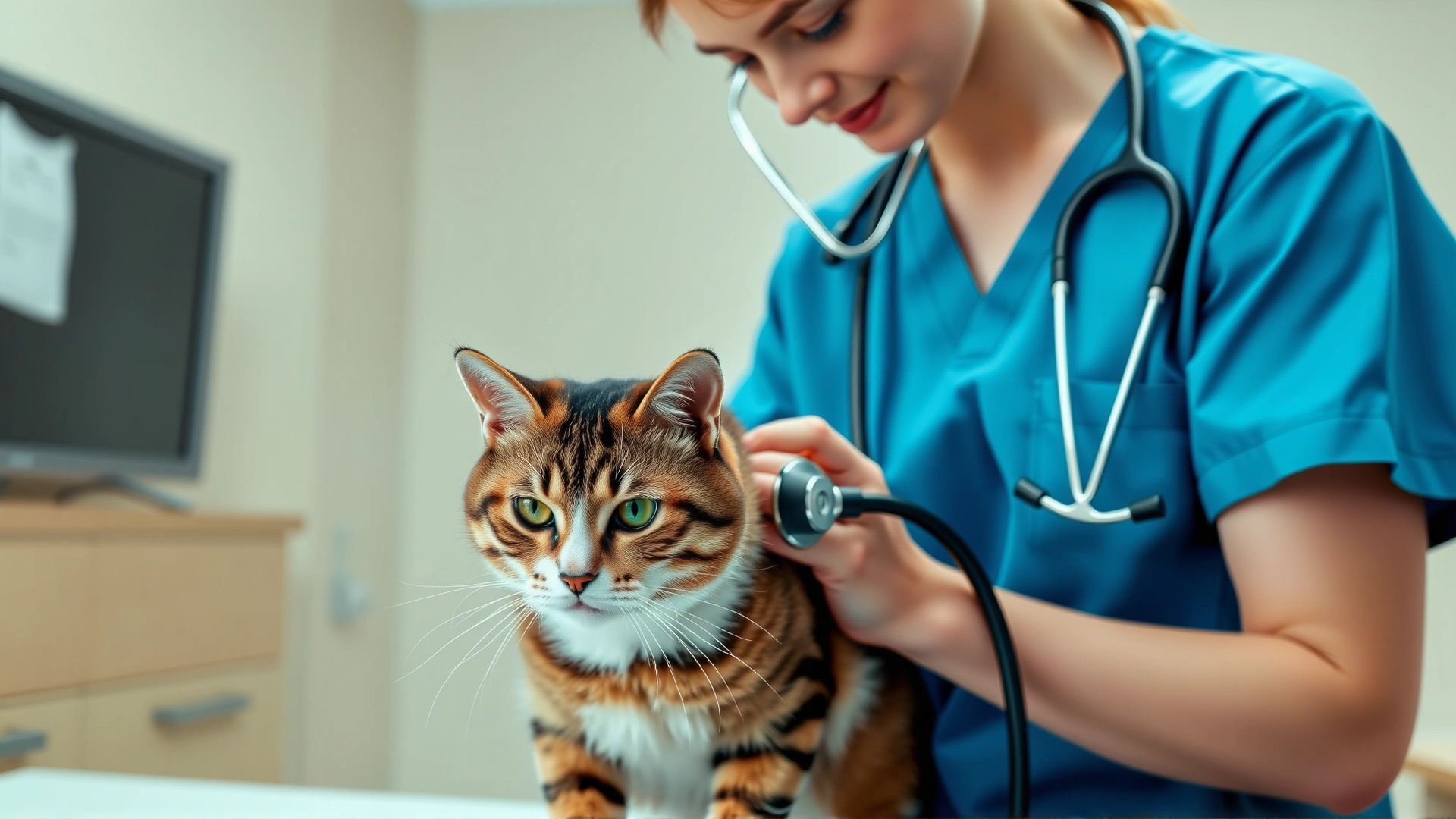 Photo of a veterinarian holding a stethoscope to a cat's chest during a routine exam in a modern clinic setting.