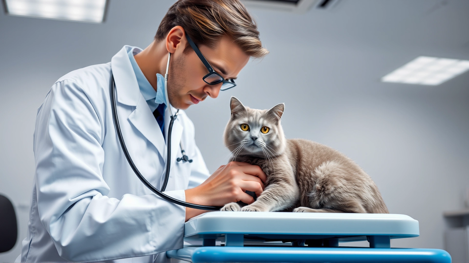 Veterinarian in white coat examining a grey cat on an examination table, using a stethoscope, bright clinic lighting, no text