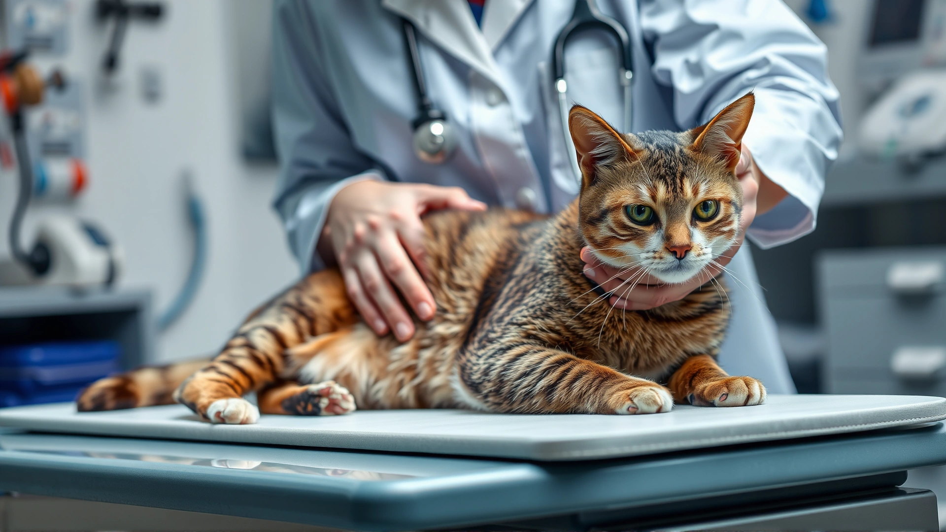 Veterinarian gently palpating a cat’s abdomen on an examination table, medical equipment blurred in background, no text.